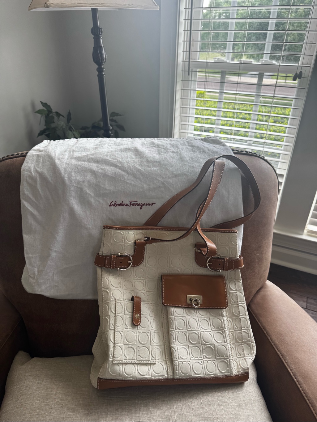 Salvatore Ferragamo Gancini Embossed Canvas & Leather Tote Bag, White/Tan